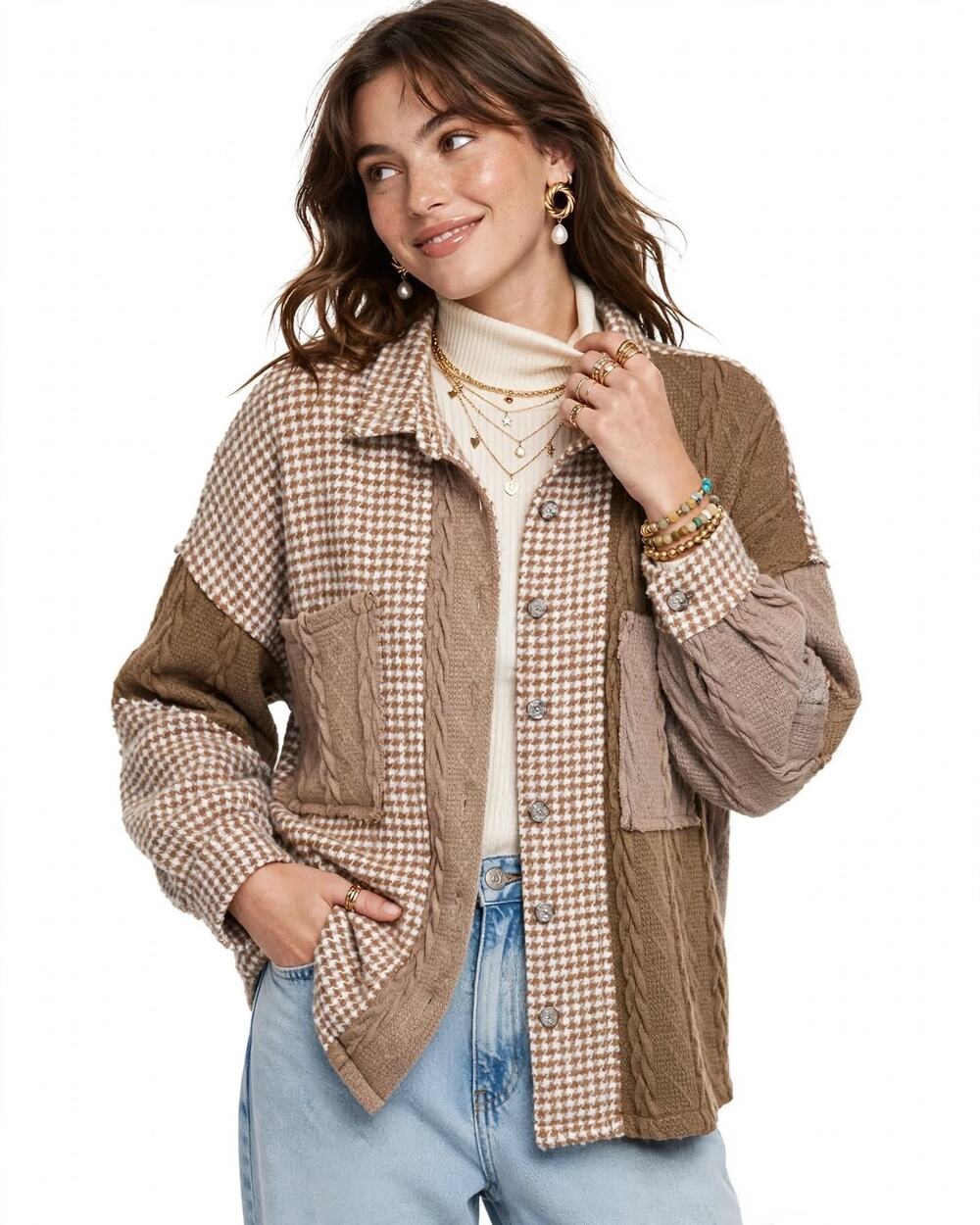 POL Houndstooth Khaki Mocha Textured Patchwork Loose Fit Oversized Shacket Sz L